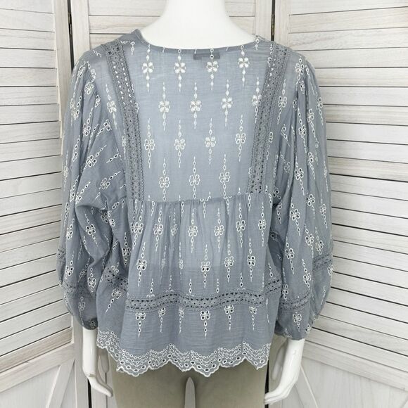 American Eagle Eyelet Embroidered Peasant Blouse Blue White XS Cropped - Picture 6 of 14